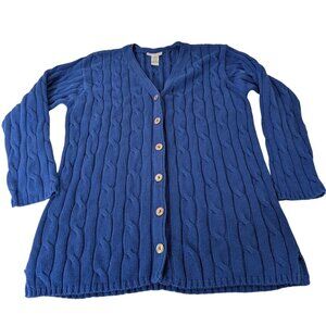 Talbots Cable Knit Cardigan Womens Size Medium Blue 100% Cotton V Neck Sweater